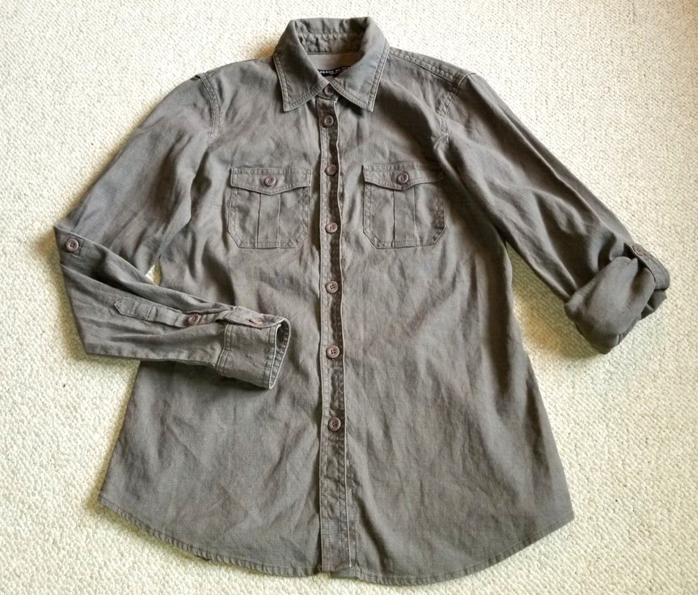 Womens Top-PEACE OF CLOTH-muted green linen blend button-up Capsule Old Money-S